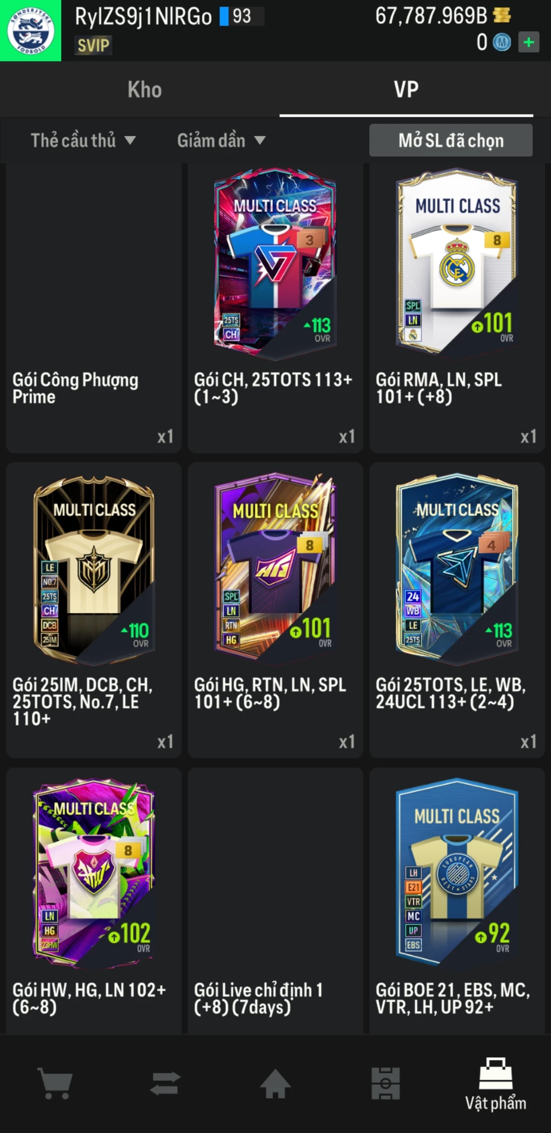 Ảnh ACC mở thẻ (LOẠI SVIP PROMAX) bao gồm 1 gói thẻ +12, thẻ PRIME và 1000+ thẻ cầu thủ từ Siêu sao đến Miền núi các loại. Có sẵn BP trắng trong acc từ 57.000 tỷ BP đến 67.000 tỷ BP, kèm theo nhiều ngày SVIP